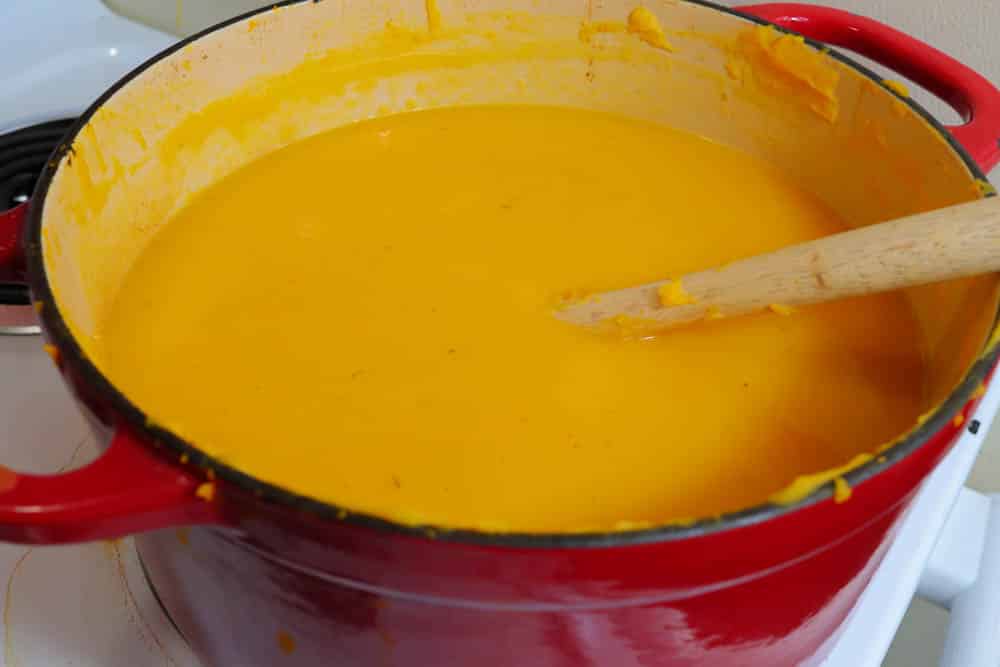 butternut squash soup in red cast iron pot